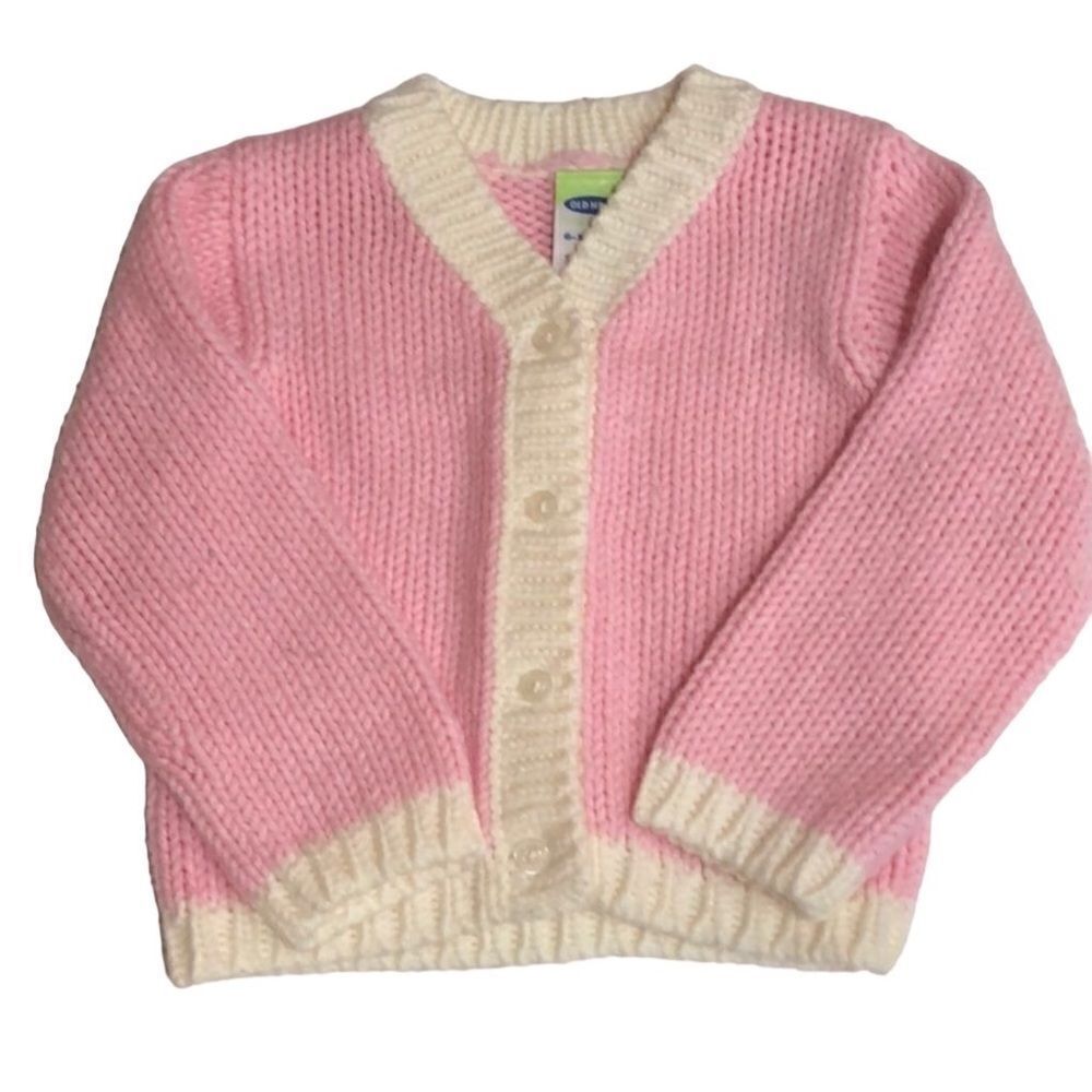 Old Navy Baby Pink Chunky Knit Cardigan Sweater Cream Trim 6-12M